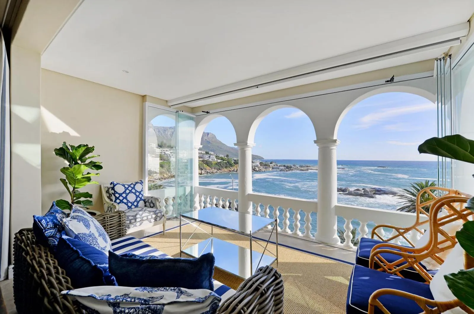 Arched veranda lounge looking out to sea