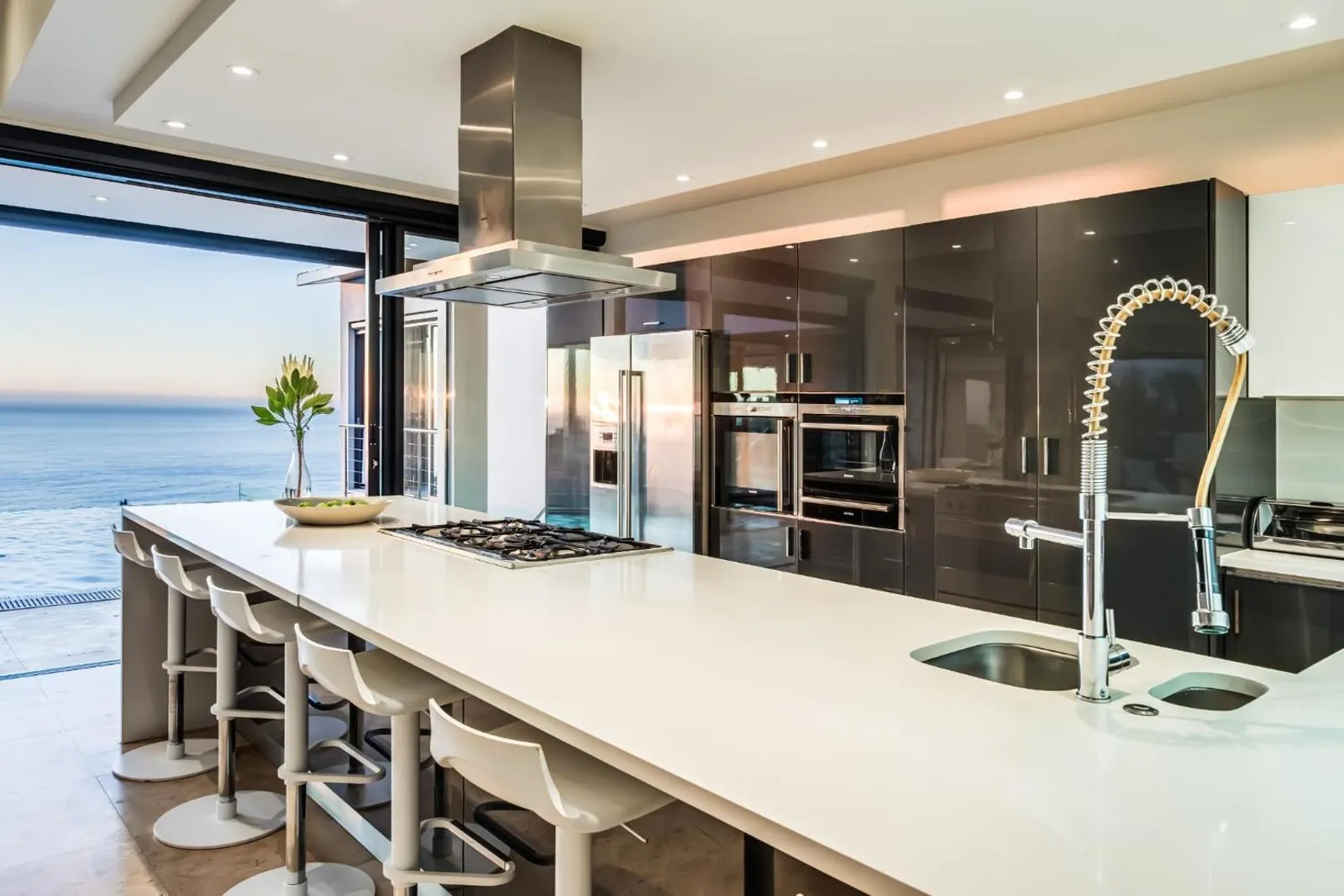 Kitchen island with ocean views behind