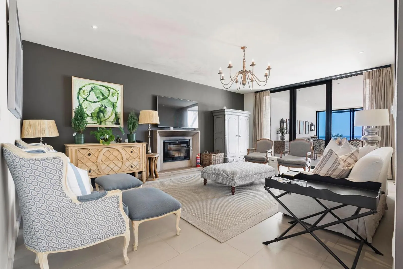 Living room with a fireplace and built-in seating