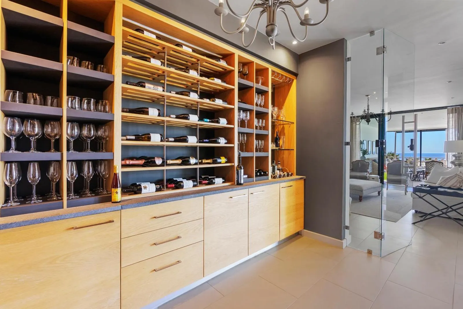 Climate-controlled wine room with racked bottles