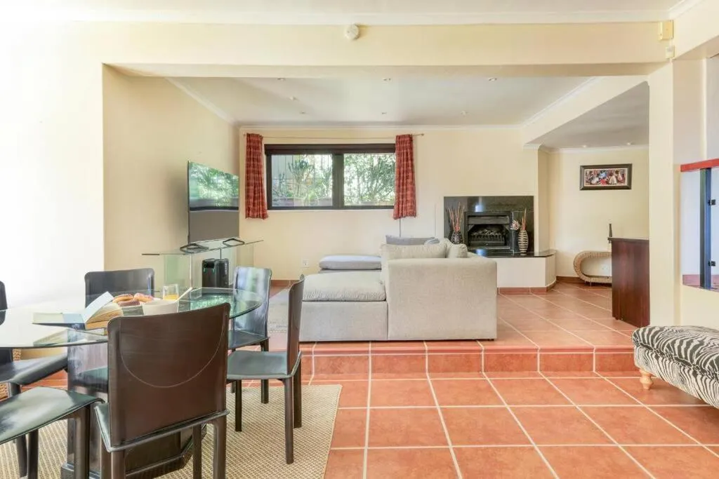 Living and dining area with a fireplace